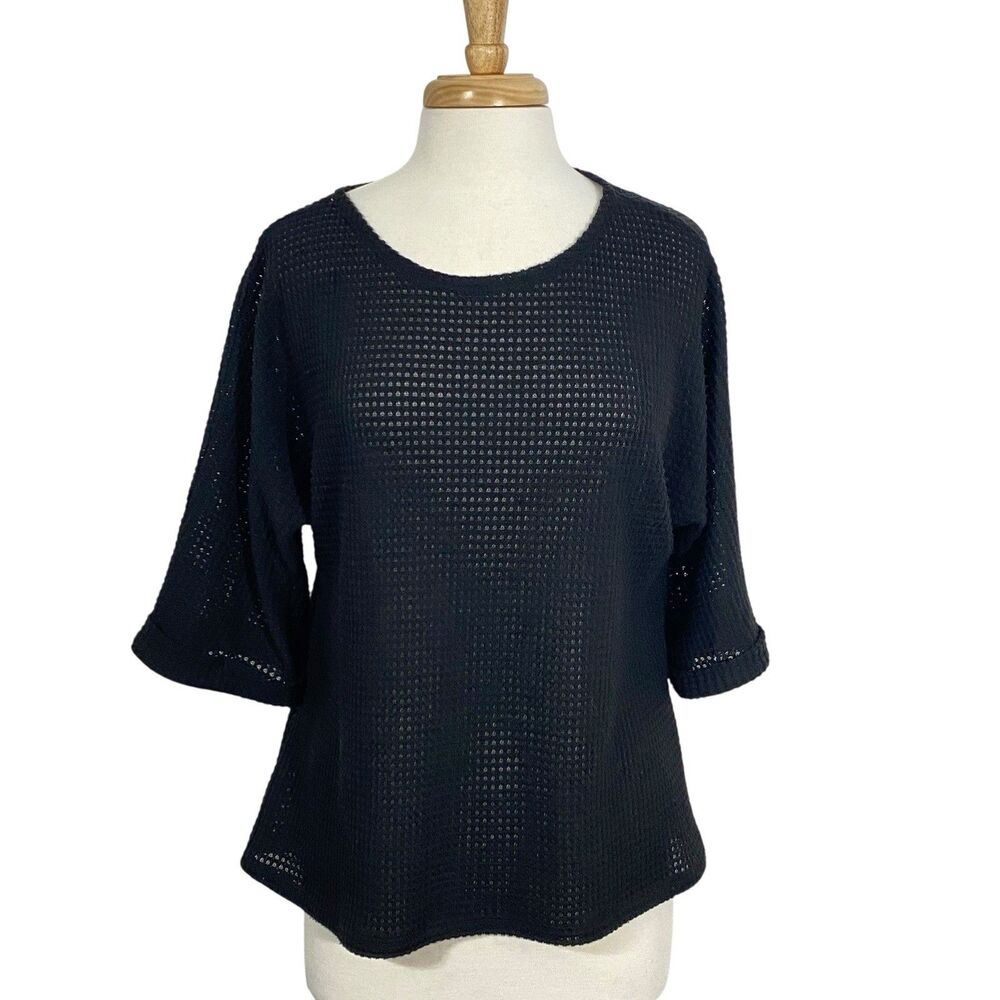 Andree By Unit Women's Waffle Knit Tunic Top Size M Black RAGLAN 3/4 SLEEVE